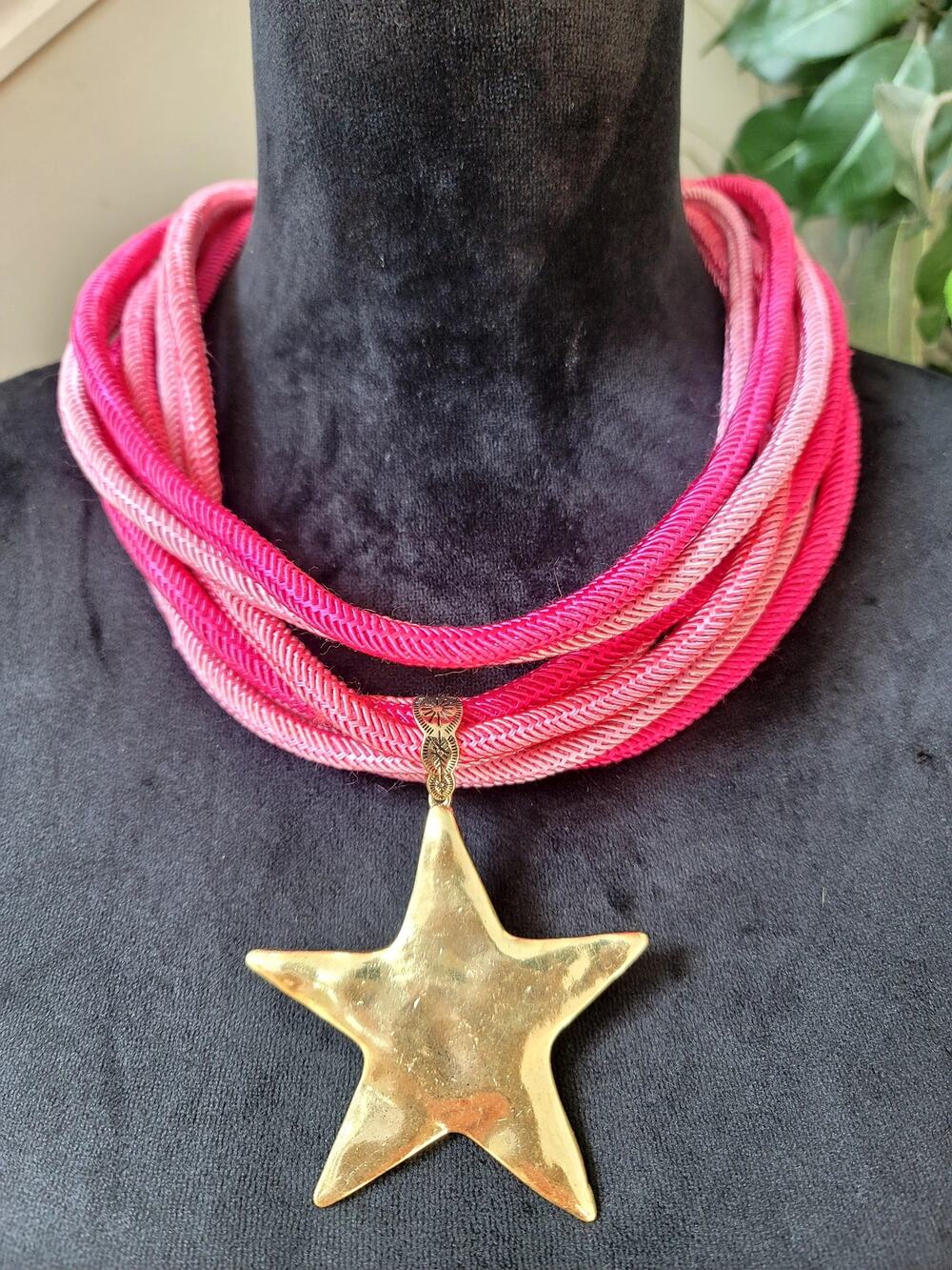 Pink Multi Strand Cord Necklace Large Gold Tone Star Pendant Statement Jewelry